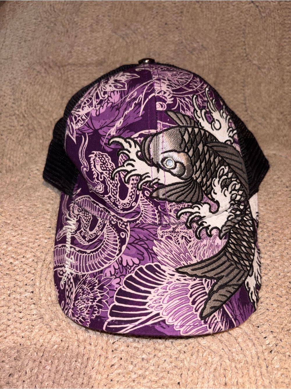 Miami Ink Purple Koi Fish Tattoo Trucker Hat Snapback Mesh Y2K 2008